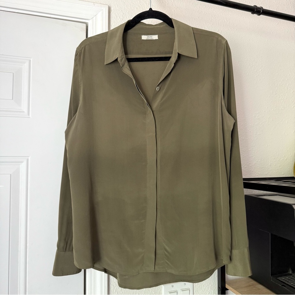 GRANA olive army green silk long sleeve button up shirt